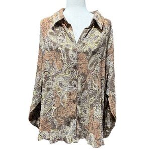 Avenue Paisley Stretch Button Down Top Size 26 / 28 4X Office Stretch Earth Tone